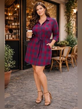 BC Clothing Red and Navy Plaid Button-Up Shirt Dress